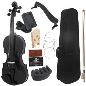 4/4 Violin Solid Wood Black Acoustic Violin with Case & Bow & Rosin & Strings & Tuner & Shoulder Rest Accessories for Beginner